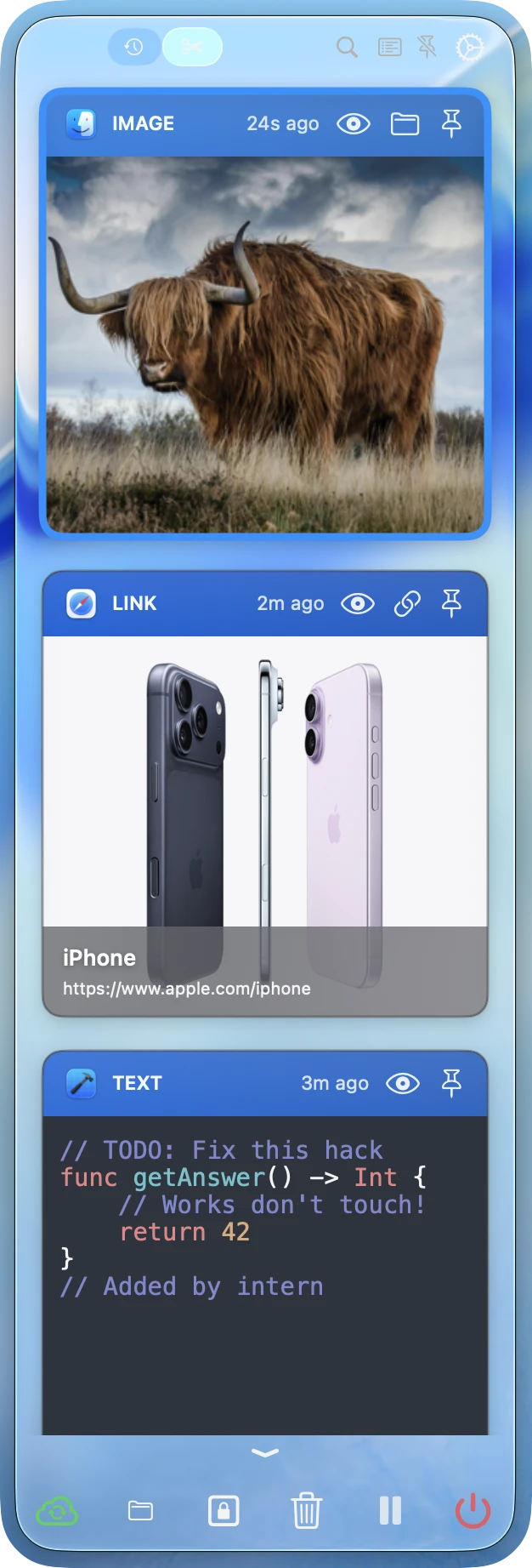 Card view of Mac clipboard history app